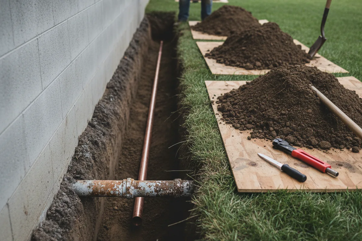 Excavated water line trench during Water Heater Repair in Adkins